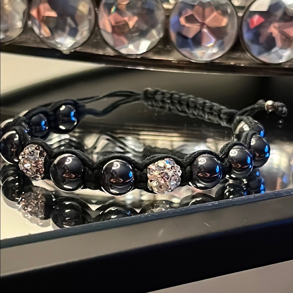 Elegant Black Beaded titanium tie, cord Bracelet with crystal Accents.
